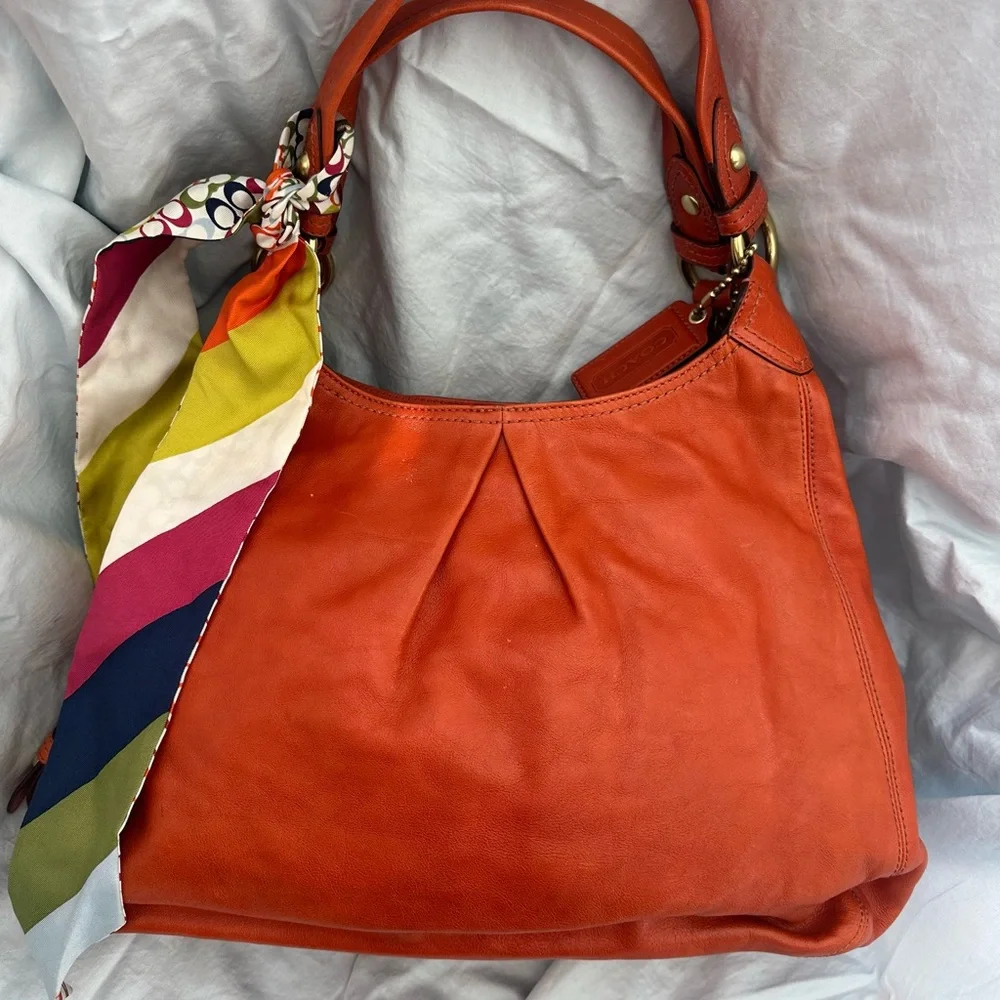 Coach Orange red Leather Shoulder Bag with Scarf Accent - Picture 1 of 10